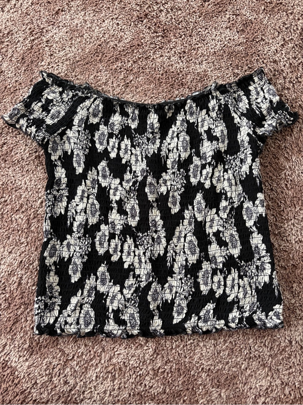 NWT Black and White Smocked Off-Shoulder Top